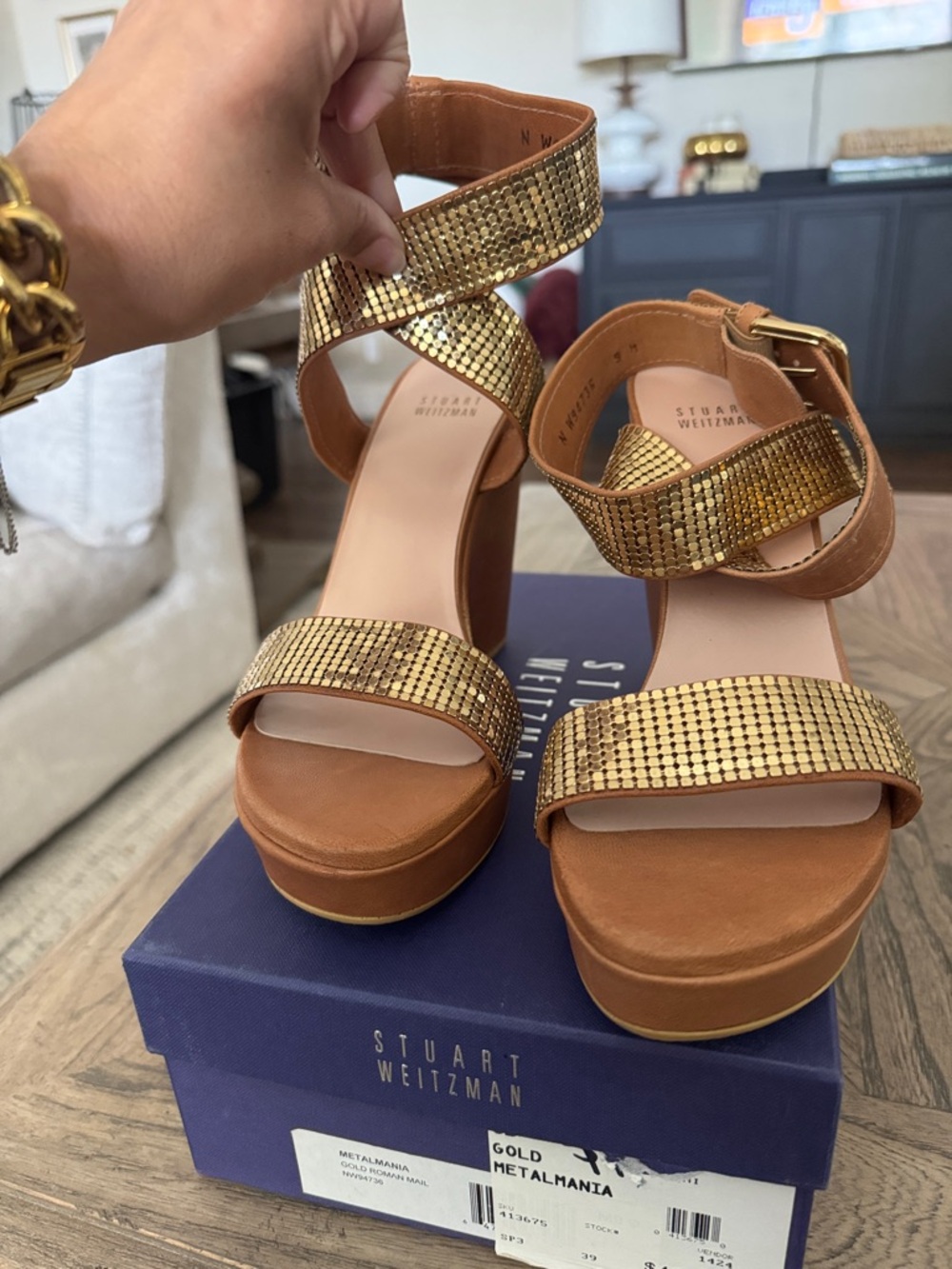Stuart Weitzman Gold Sequin and Tan Platform Sandals